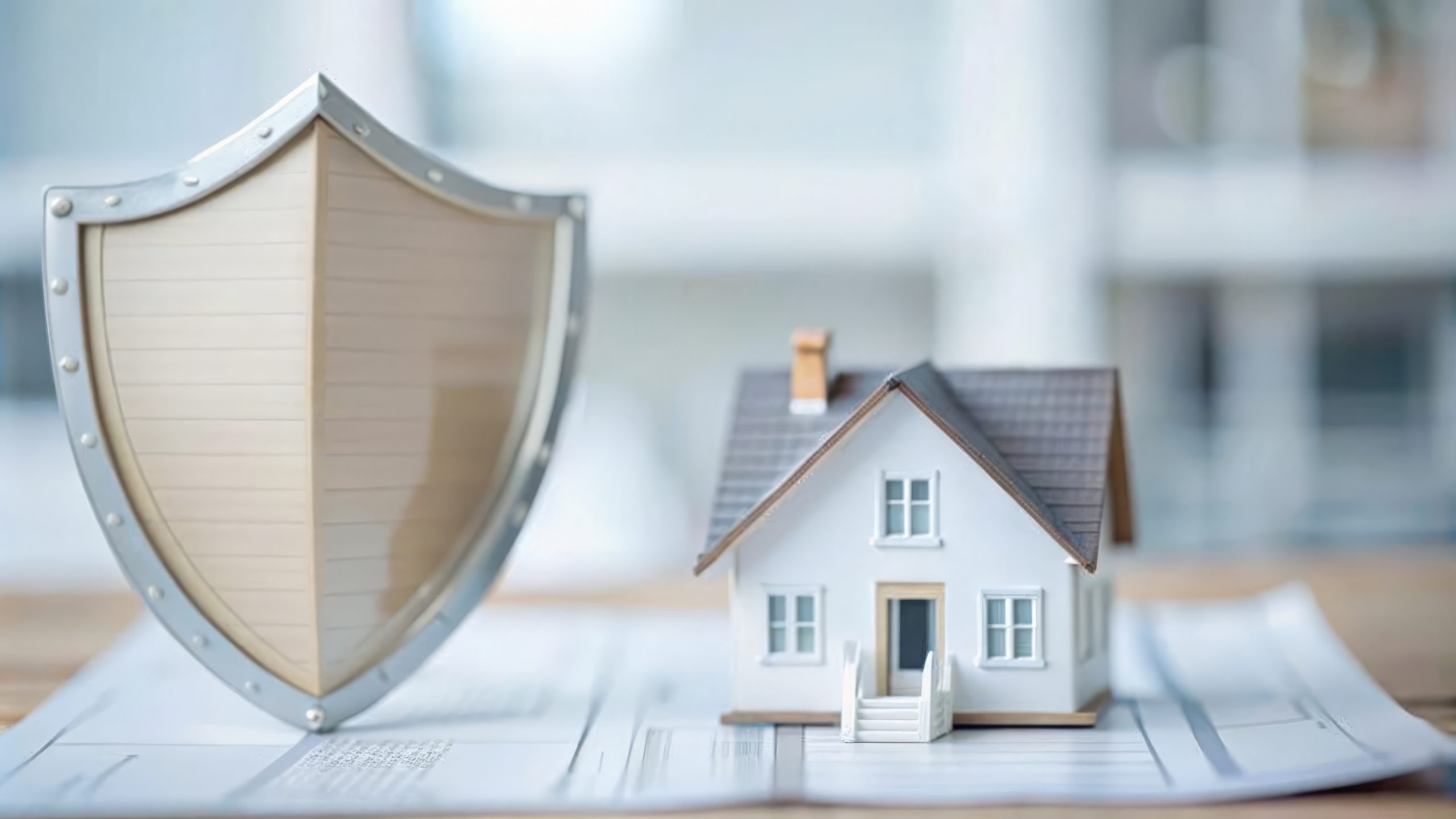 A miniature house sits on documents next to a large shield, representing home protection or insurance.